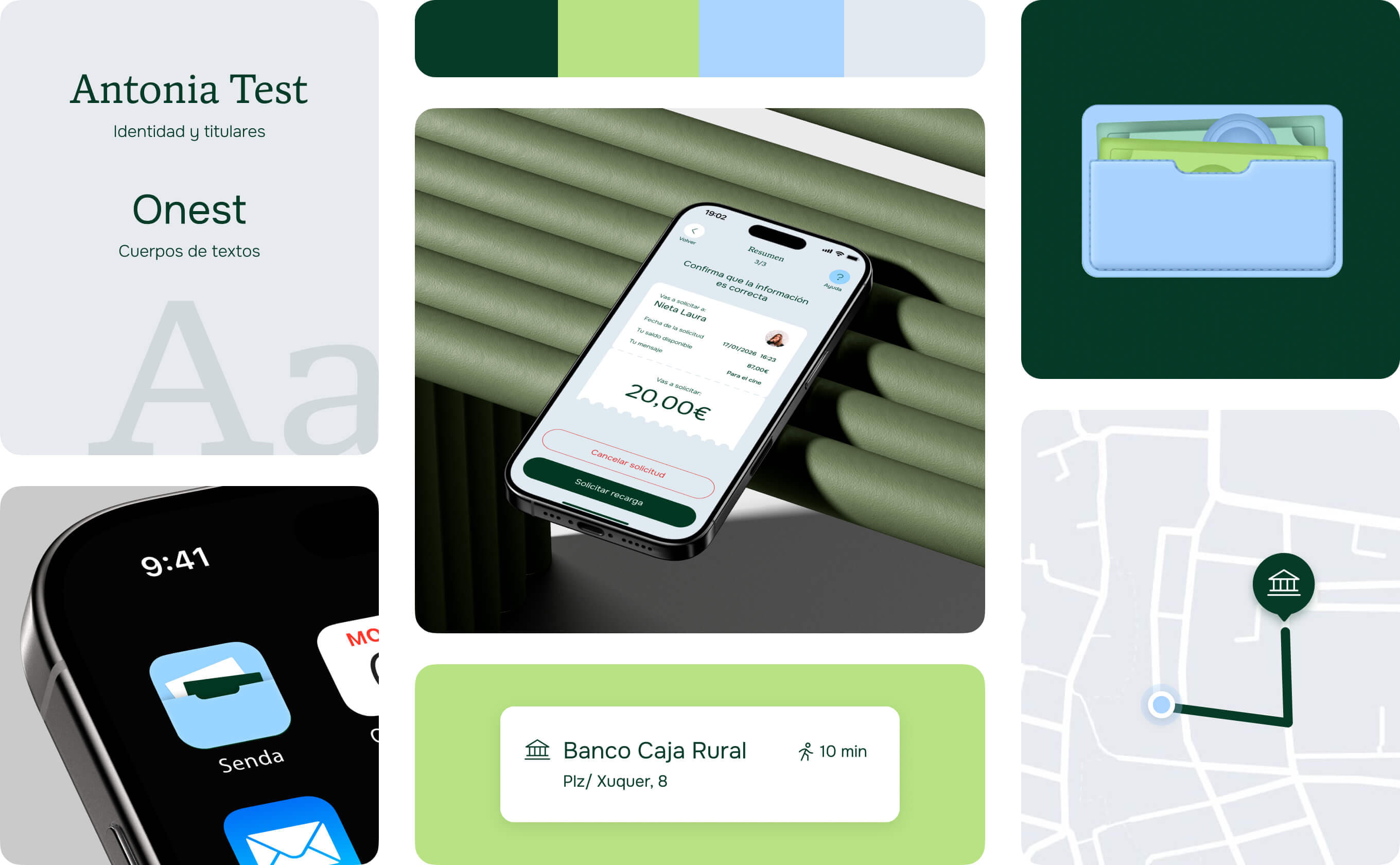 Set of components of Senda's visual identity, including the logo, color palette, typography, and iconography.